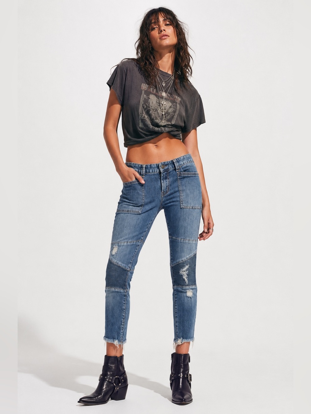 Free People Moto Patchwork Utility Skinny Crop Jeans Low Rise Distressed Size 27